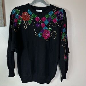 Vibrant vintage Black Sweater with Floral Embellishments